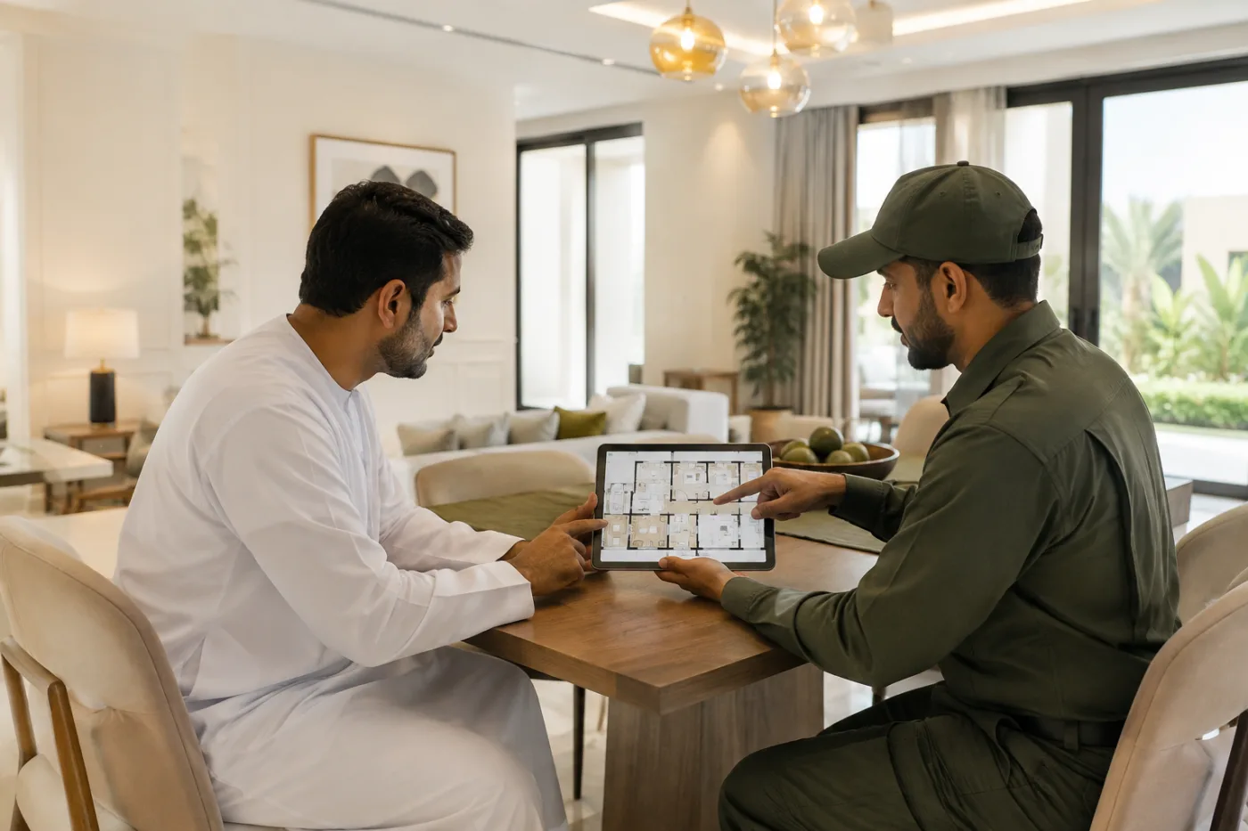 فني ومدير عقار يراجعان خريطة نقاط فحص قبل عرض تكلفة مكافحة الحشرات في أبوظبي